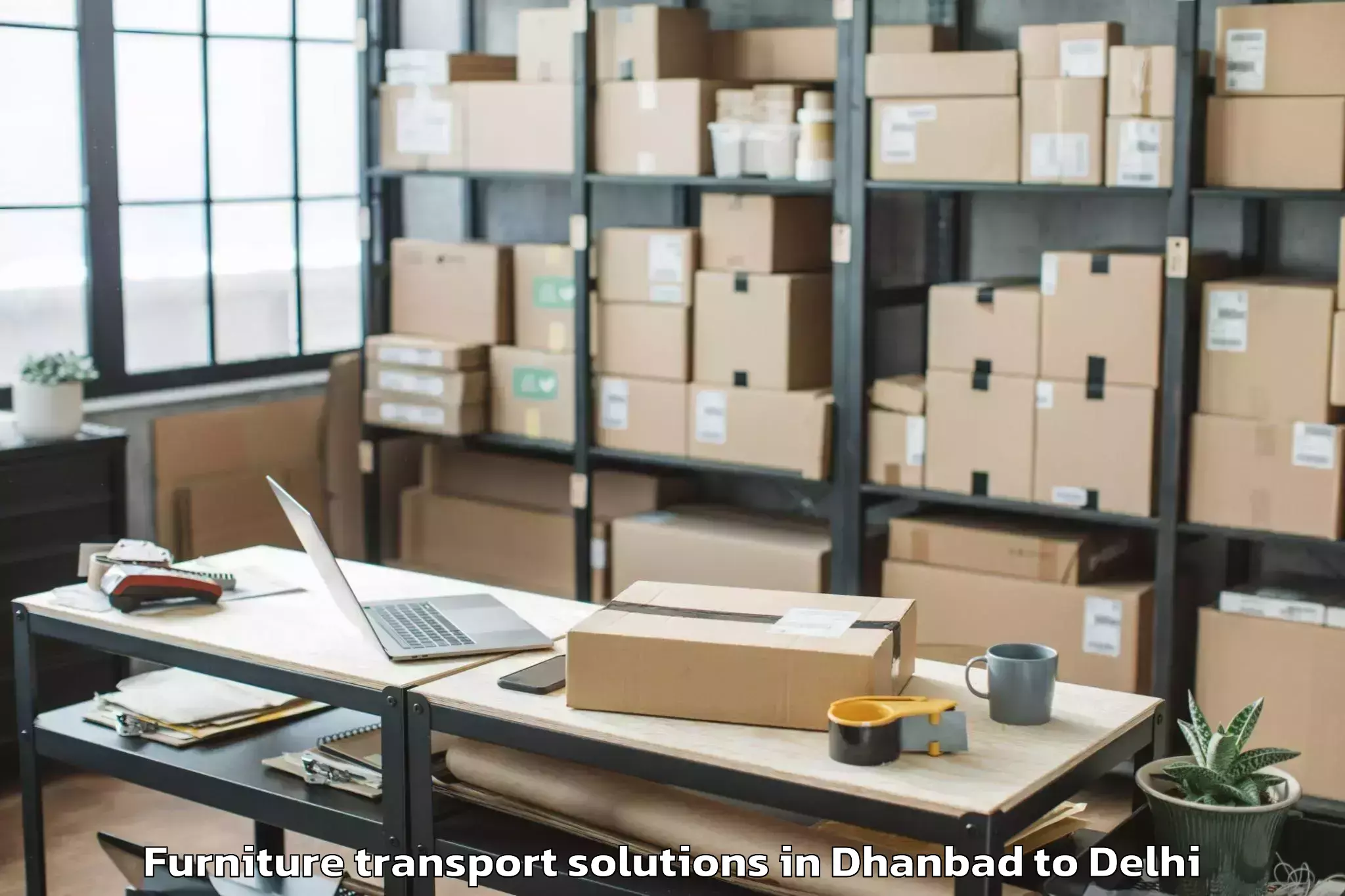 Trusted Dhanbad to Vivek Vihar Furniture Transport Solutions